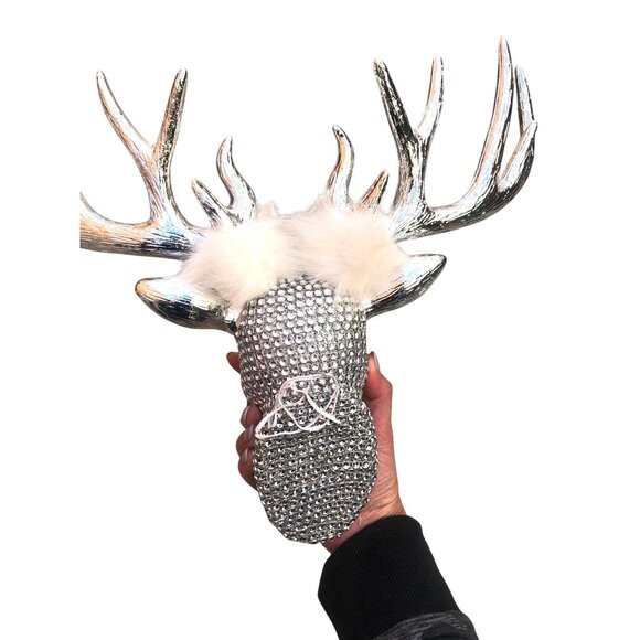 Rhinestone-Encrusted Silver Deer Head Wall Decor With Faux Fur Accents - Picture 4 of 6